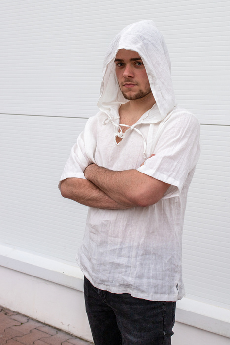 Tunika męska z kapturem lniana wiązana męska koszulka lniana, tunika męska lniana , letnia lniana koszula męska, biała koszula z polskiego lnu męska