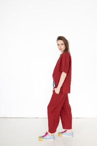 koszulka bluzka lniana ,bordowa tunika lniana , 100% len miękki, polska marka, polski projektant