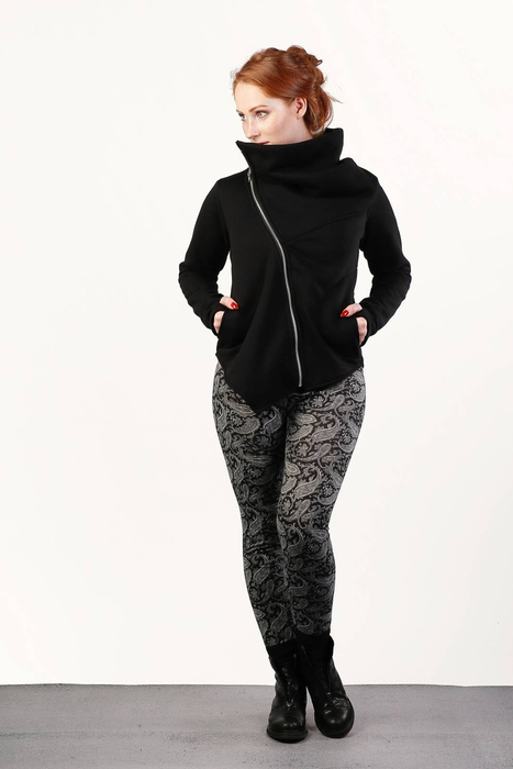 Bluza asymetryczna ze stójką, czarna bluza na zamek, marynarka na zamek