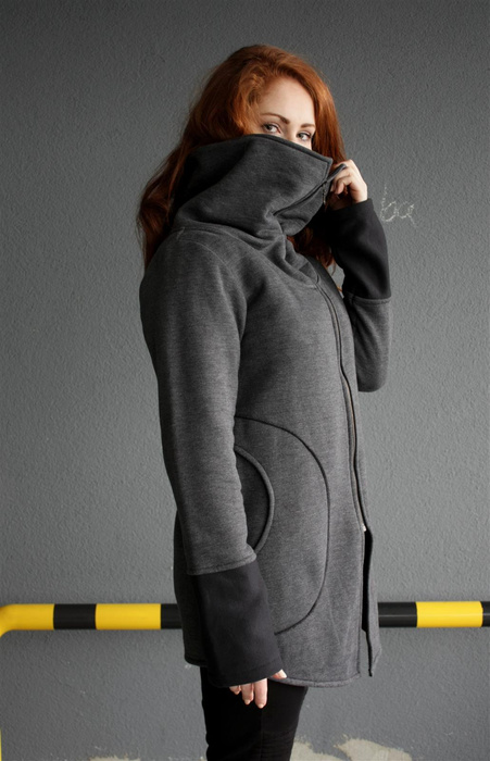 Bluza damska ze stójką, duże kieszenie długa szara , Hand made, Unikalne projkety,