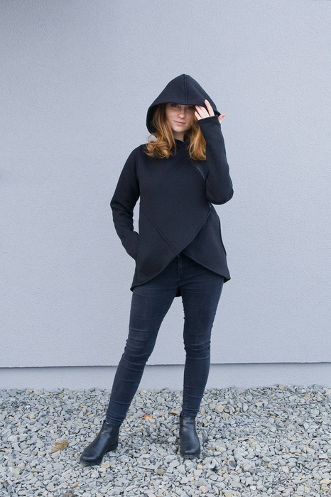 Czarna bluza z kapturem, Asymetryczna krótka bluza, Marynarka czarna, Handmade, Polski projektant