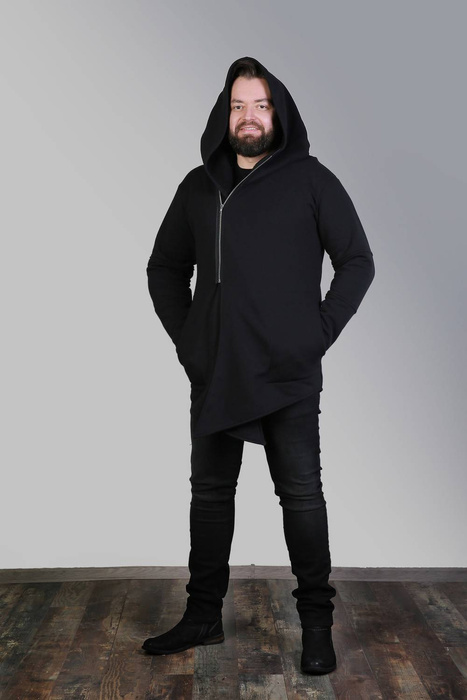 Męska bluza z kapturem, płaszcz z kapturem w szpic męska, bluza długa męska, czarna bluza męska