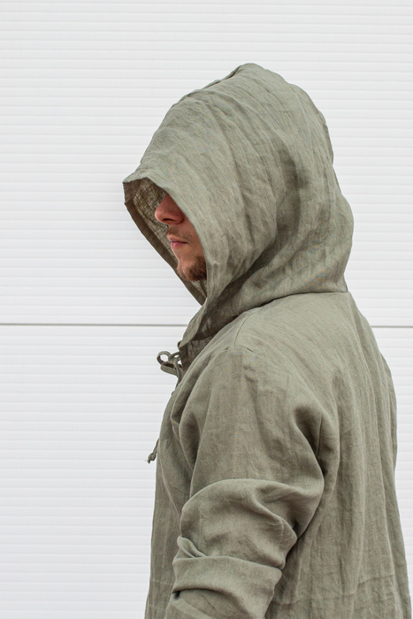 koszula lniana męska , bluza z lnu męska z kapturem , męska tunika z kapturem lniana, zielona bluza męska polski len, polski produkt