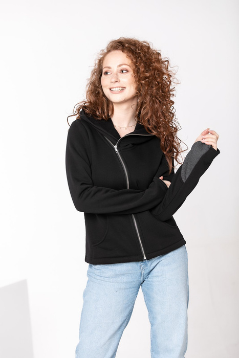 Bluza damska czarna z lekko asymetrycznym zamkiem, czarna bluza damska z dzianiny autorski projekt, polski produkt, damska bluza czarna z kapturem