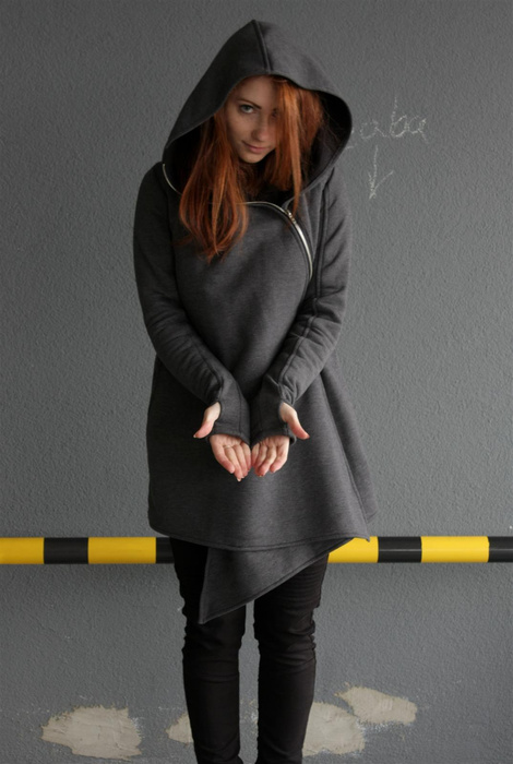 Bluza szara kopertowa , bluza na zamek długa asymetryczna , duży kaptur i wejście na kciuk