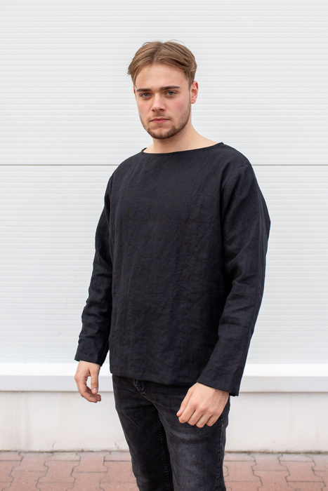 koszula lnianaczarna męska, bluza z długim rękwaem z lnu, czarna lniana koszulka męska