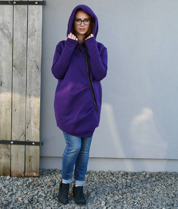 Bluza asymetryczna, płaszcz damski fioletowy