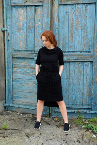 Sukienka czarna bawełniana, asymetryczna mała czarna , sukienka z kapturem 