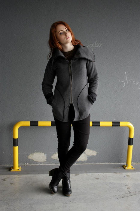 Bluza damska z wysokim kołnierzem, stójką, szara długa bluza , bluza z dużymi kieszeniami, bawełniana bluza damska