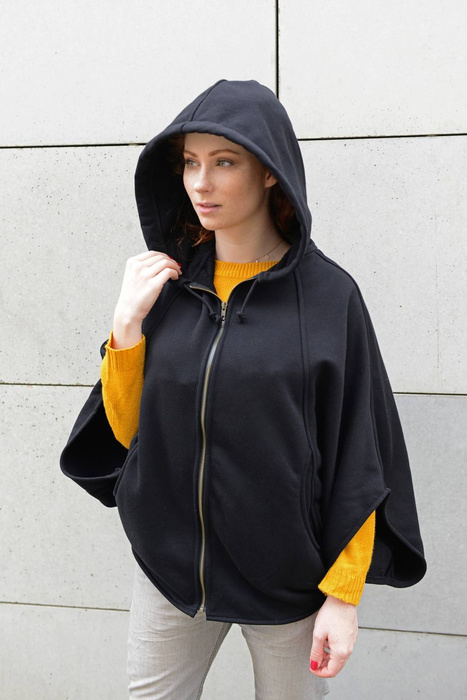 Bluza ponczo, czarna peleryna, bluza z kapturem, damska czarna oversize