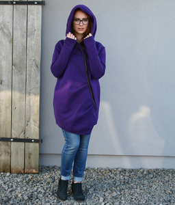 Bluza asymetryczna, płaszcz damski fioletowy