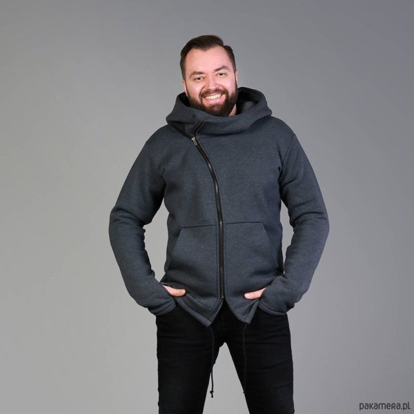 Bluza grafitowa  męska  z kapturem asymetryczna , długa bluza szara  męska polski produkt, polski projektant
