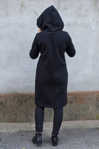 Płaszcz czarny, bluza długa czarna, trencz z kapturem, dzianinowy płaszcz bawełniany