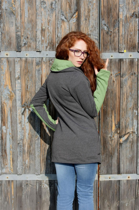 Bluza damska asymetryczna , duża stójka, duże kieszenie , damski krótki płaszcz Szaro zielona bluza na zamek, Handmade, Szyte na wymiar