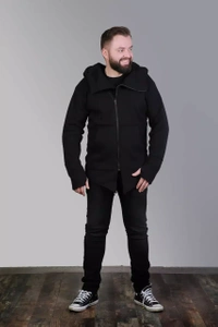Bluza czarna męska z kapturem asymetryczna bawełniana, długa bluza na zamek męska , czarna bluza męska z kapturem w szpic , duże rozmiary, polski produkt, polski projektant