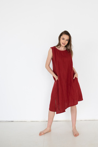 sukienka lniana asymetryczna luźna polski len, bordowa lniana sukienka na lato,sukienka na jeden bok z lnu polskiego