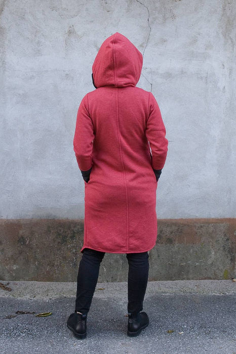 Długa bluza , frak z kapturem, asymetryczna bluza damska, malinowy płaszcz, trencz