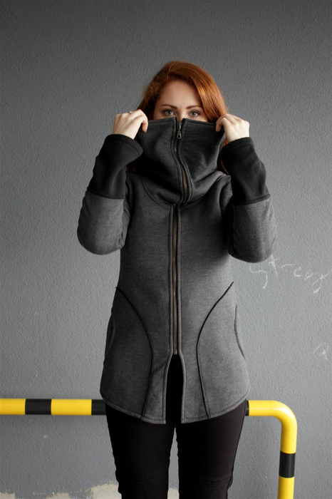 Bluza damska z wysokim kołnierzem, stójką, szara długa bluza , bluza z dużymi kieszeniami, bawełniana bluza damska