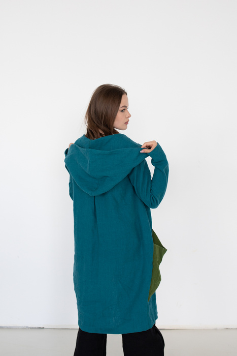 Lniane wdzianko, polski produkt z lnu, płaszcz z kieszeniami len polski, gruby splot miękki len, polski projektant lnianej odzieży