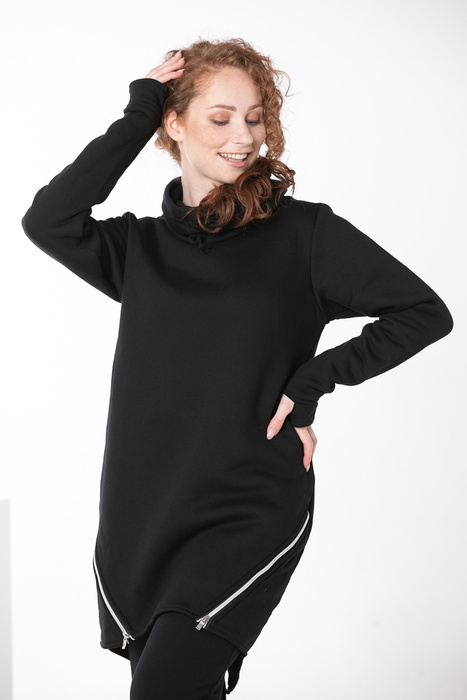 Tunika czarna luźna , bluzka z zamkami , bluza długa czarna damska, bluza ze stójką damska polska dzianina, ciepła długa bluza