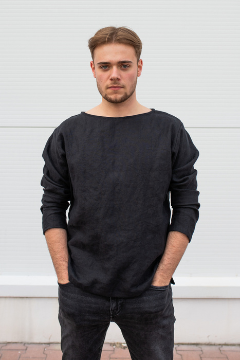 koszula lnianaczarna męska, bluza z długim rękwaem z lnu, czarna lniana koszulka męska