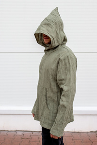 Tunika męska lniana , kangur męski lniany, Polski len , koszula męska lniana , bluza lniana męska na lato, zielona lniana koszulka z długim rękawem