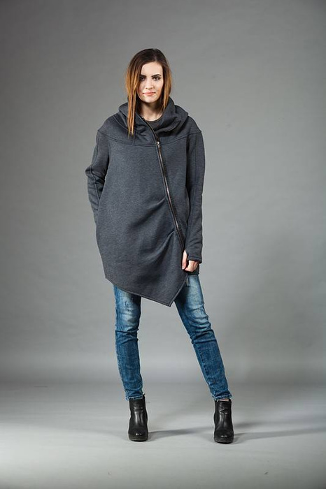 Szara bluza z kapturem, Asymetryczn płaszcz, Handmade