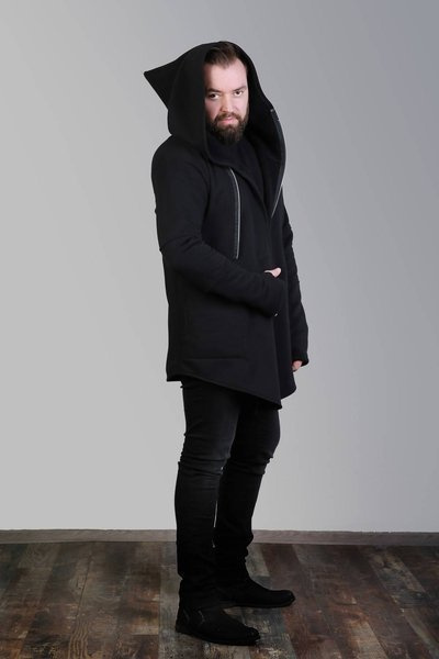 Męska bluza z kapturem, płaszcz z kapturem w szpic męska, bluza długa męska, czarna bluza męska