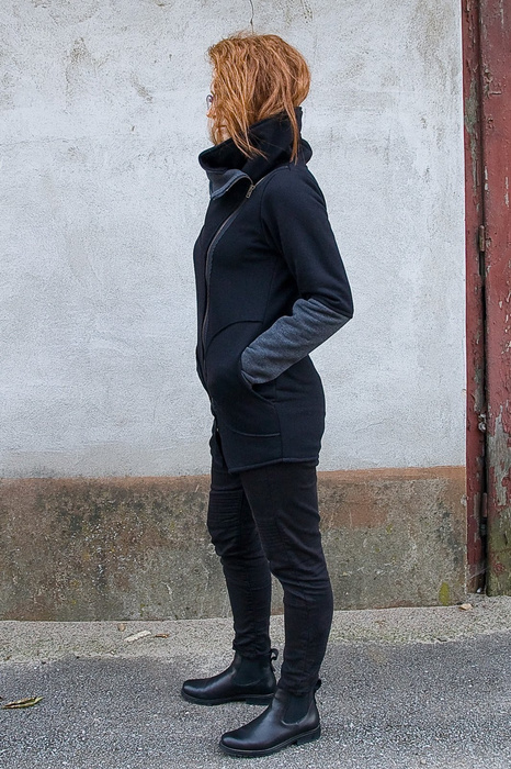 Bluza czarna damska, marynarka z wysoką stójką , wygodna bluza handmade, czarna długa bluza asymetryczna