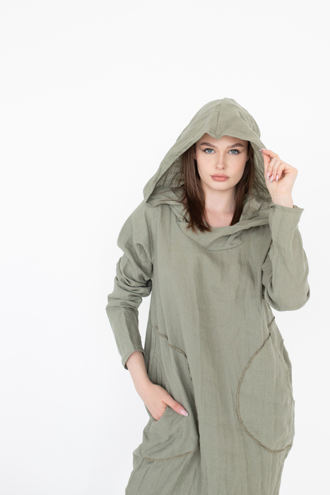 Sukienka lniana z długim rękawem i wielkim kapturem, polski len, polska produkcja, autorski wzór sukienki z lnu