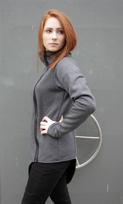 Bluza , marynarka damska, Szara bluza na zamek asymetryczny krój, Polska bawełna,