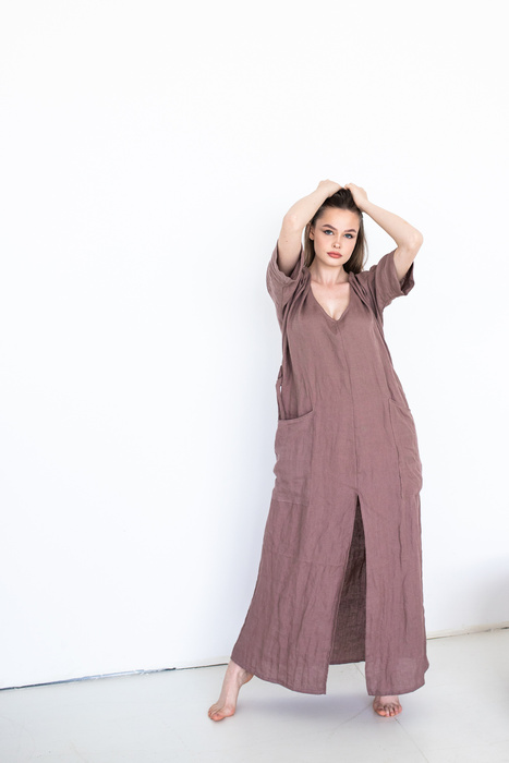 Sukienka lniana długa polski len miękki, długa szlafrokowa sukienka z lnu, brązowa sukienka z kieszeniami sukienka lniana