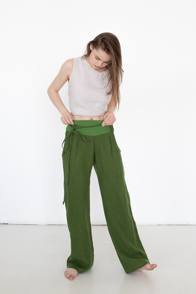 Spodnie z lnu zielone spodnie z polskiego lnu, polski produkt, manufaktura , szerokie spodnie lniane