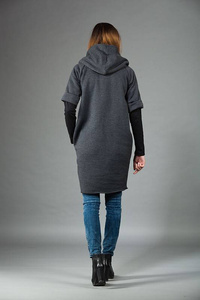 Tunika z kapturem, sukienka z dzianiny , luźna tunika z długim rękawem 