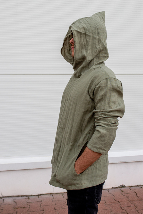 Tunika męska lniana z kapturem Polska produkcja , lniana bluza męska, męska tunika , kangurek męski z lnu , koszula męska na lato z lnu , polski projektant