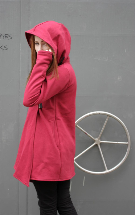 Bluza bordowa długa z krótkim asymetrycznym zamkiem, długa bluza z kapturem i kieszeniami , asymetryczny krój