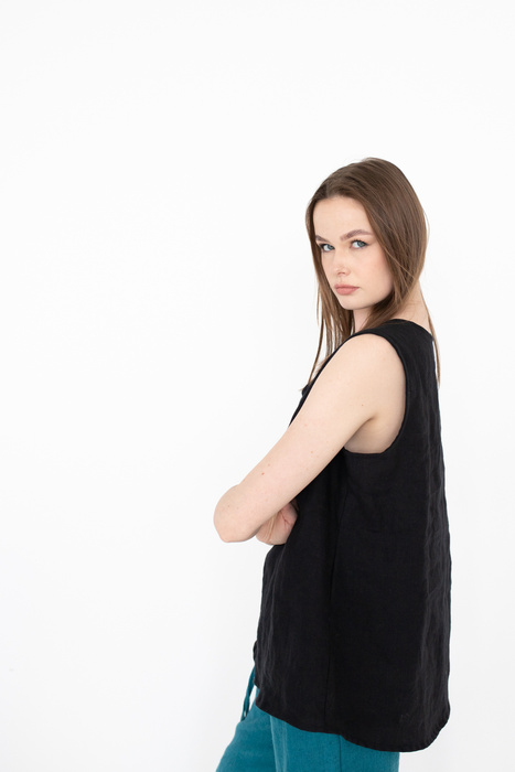 Tunika koszulka czarna lniana.polski len , polska marka bluzka lniana, na szelkach letnia tunika, polski len miękki