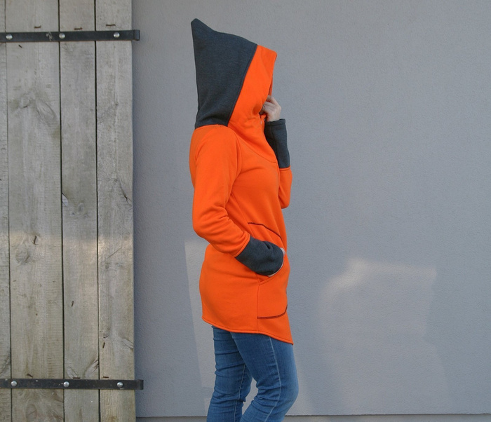 Pomarańczowa bluza na zamek, Długa bluza, Odzież Plus Size,