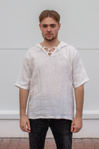 Tunika męska z kapturem lniana wiązana męska koszulka lniana, tunika męska lniana , letnia lniana koszula męska, biała koszula z polskiego lnu męska