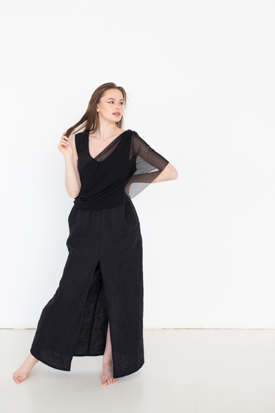 Sukienka lniana elegancka z tiulem, len polski, polska produkcja manufaktura, długa lniana sukienka czarna, czarny len , polski produkt