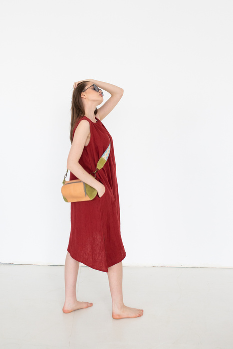 sukienka lniana asymetryczna luźna polski len, bordowa lniana sukienka na lato,sukienka na jeden bok z lnu polskiego