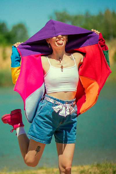 Asymetryczna bluza damska, bawełniana krótka bluza kolorowa , kurtka kolorowa