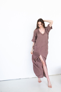 Sukienka lniana długa  polski len miękki, długa szlafrokowa sukienka z lnu, brązowa sukienka z kieszeniami sukienka lniana