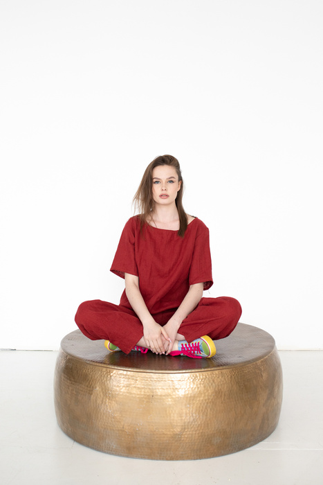 koszulka bluzka lniana ,bordowa tunika lniana , 100% len miękki, polska marka, polski projektant