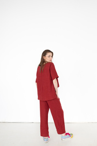 koszulka bluzka lniana ,bordowa tunika lniana , 100% len miękki, polska marka, polski projektant