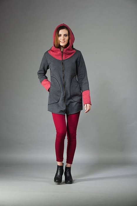 Bluza damska , kangurek na zamek, długa bluza szara damska