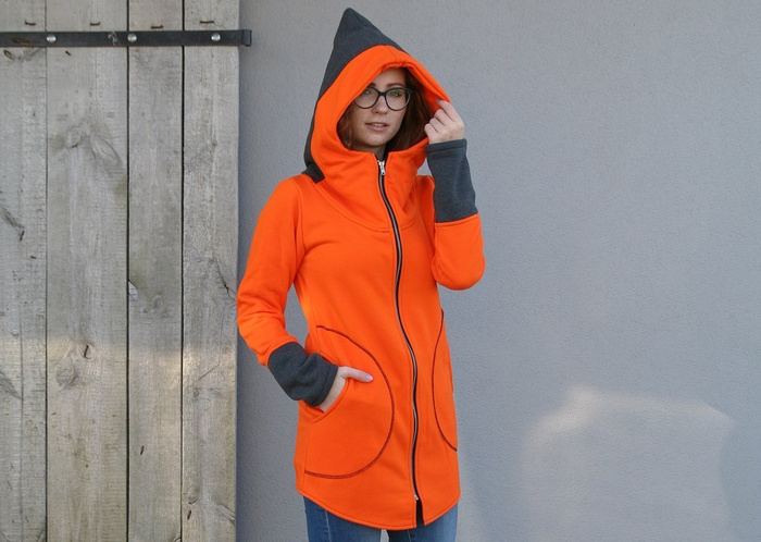 Pomarańczowa bluza na zamek, Długa bluza, Odzież Plus Size,