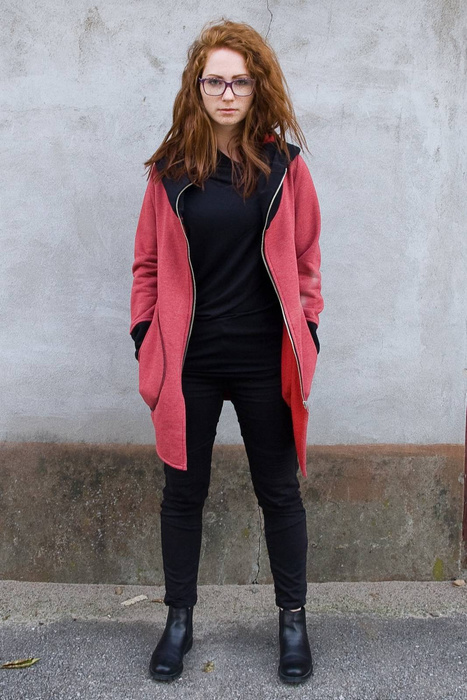 Malinowa bluza, Długa bluza z kapturem, damska bluza asymetryczna, krótki płaszcz damski