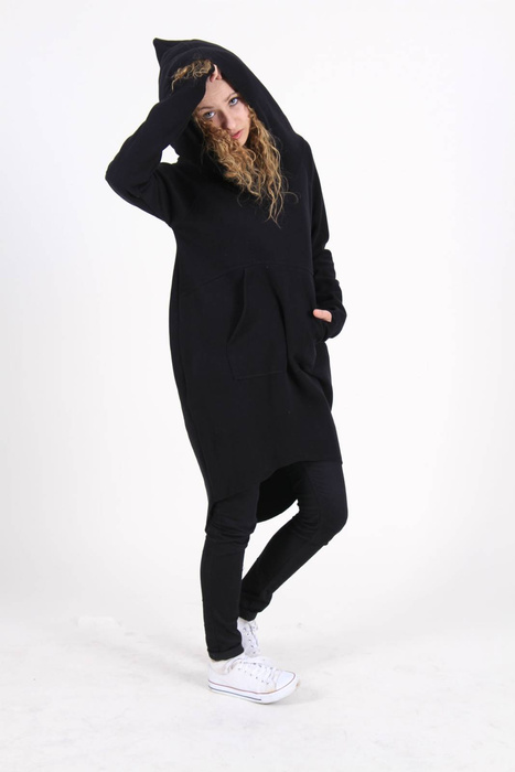 Bluza damska czarna długa , sukienka tunika czarna z dużym kapturem , kieszenią kangurka