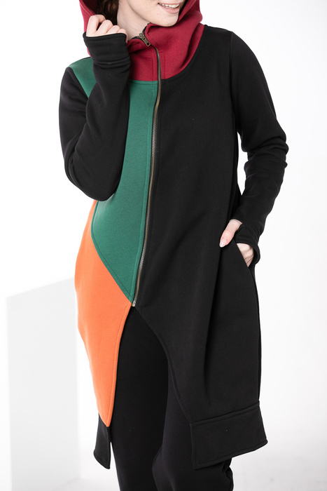 Bluza płaszczyk damski, kolorowy bluzopłaszcz damski, długa czarna bluza damska z dzianiny z kapturem i kieszeniami, asymetryczna bluza damska